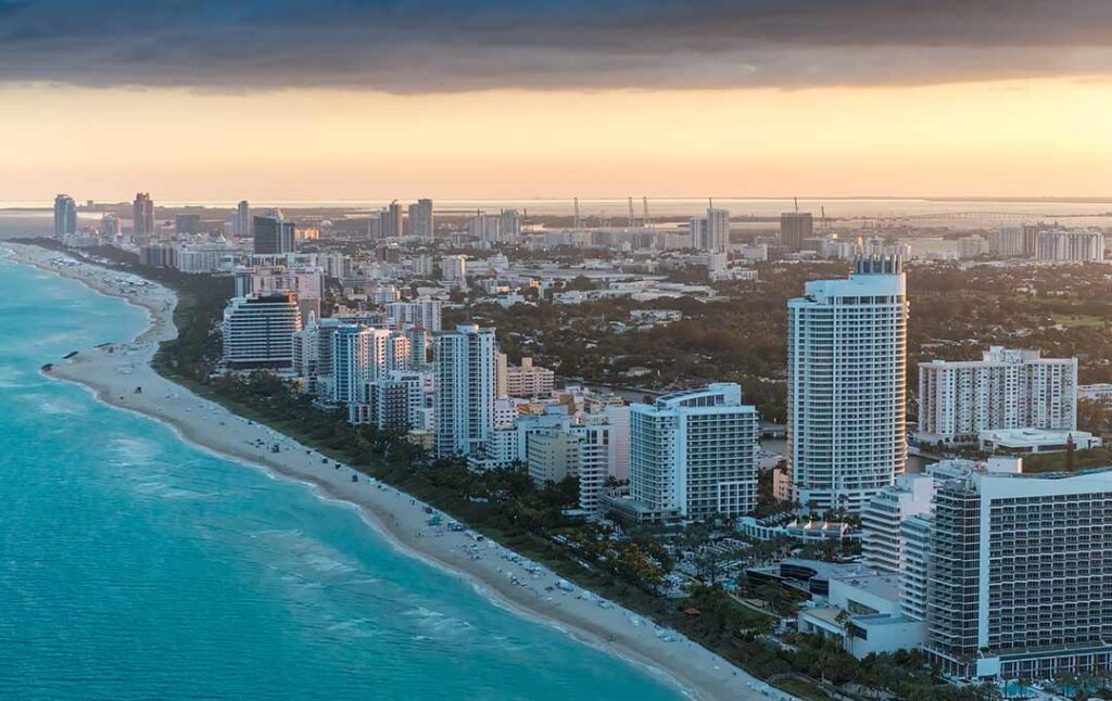 An aerial drone view of a major city in Florida.