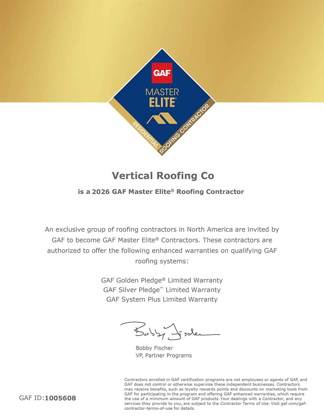 Vertical GAF Master Elite Award