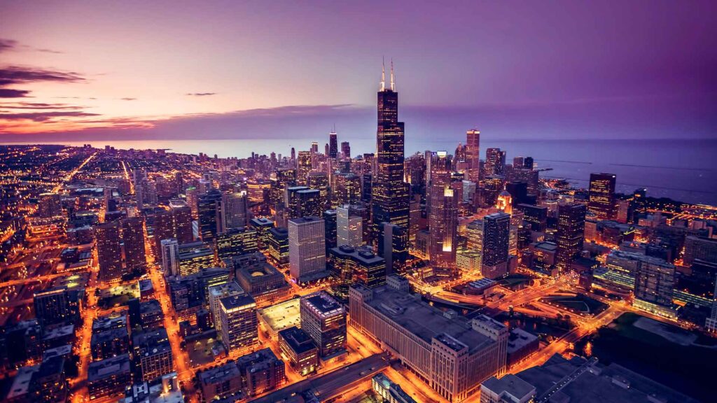 Aerial view of The Loop in Chicago, IL at sunset