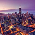 Aerial view of The Loop in Chicago, IL at sunset