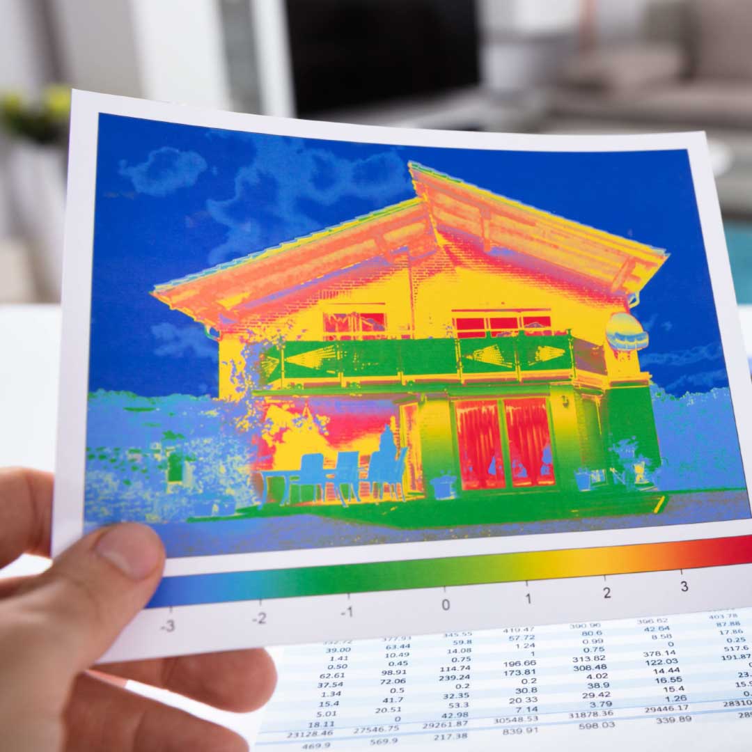 Thermal imaging display showing heat patterns on a home exterior.