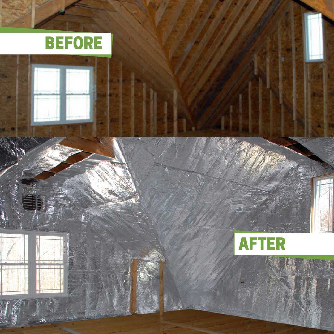 Before-and-after image of attic insulation installed in a residential attic.