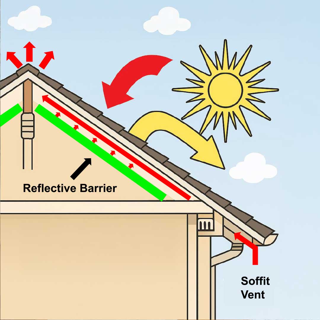 Diagram showing how a reflective attic barrier helps reduce heat transfer.