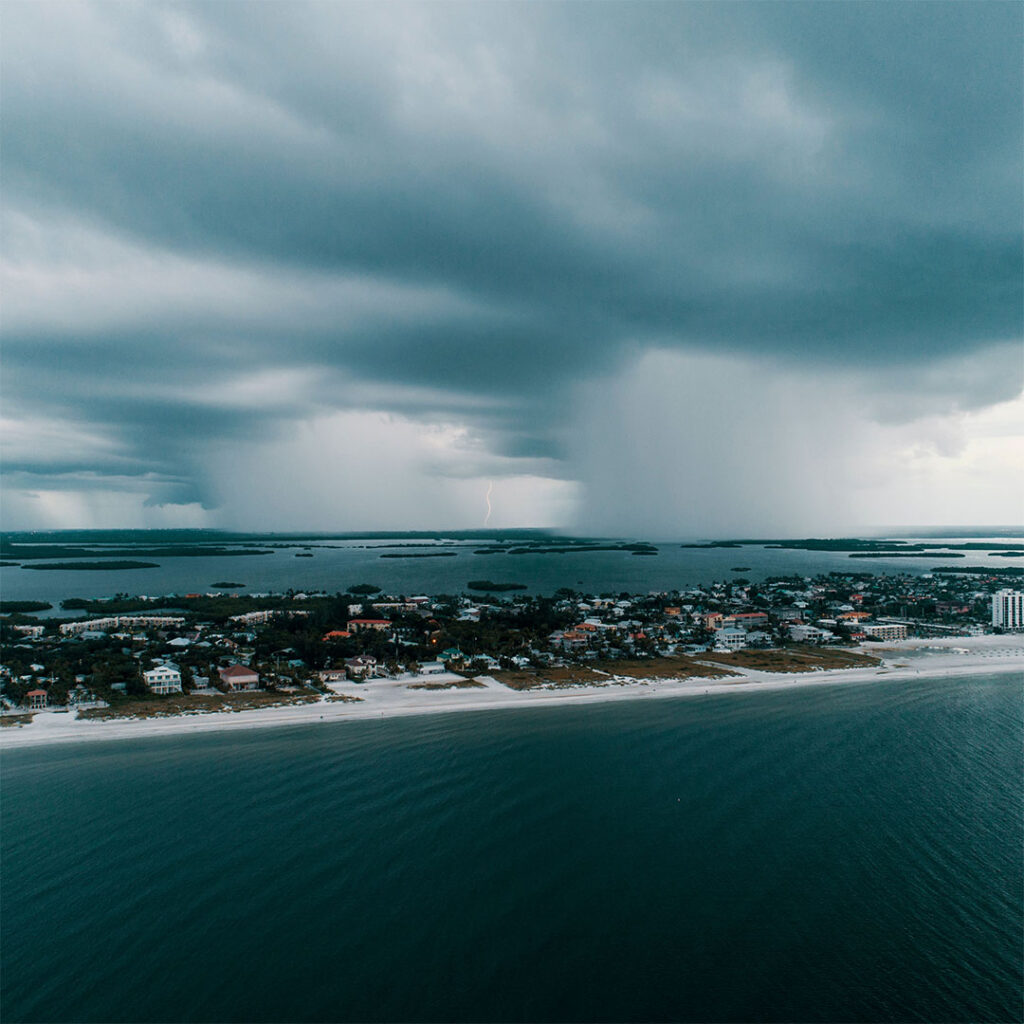 Severe hurricane storm clouds approaching a coastal Florida community