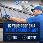 Vertical Roofing technician performing preventative roof maintenance and clearing debris from a residential roof